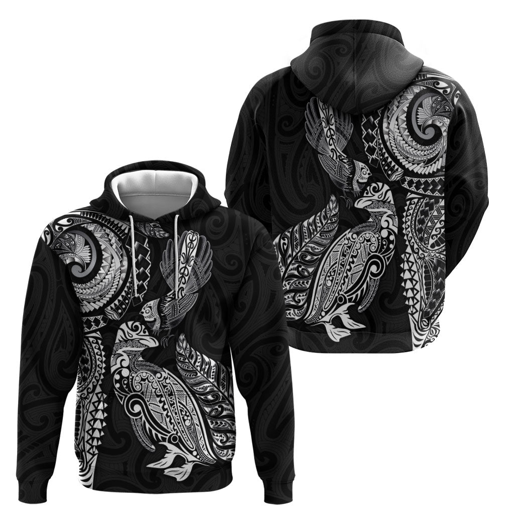 Aotearoa Moko Tribal Tattoo Zip Hoodie New Zealand Maori Penguin and Fantail Black Color