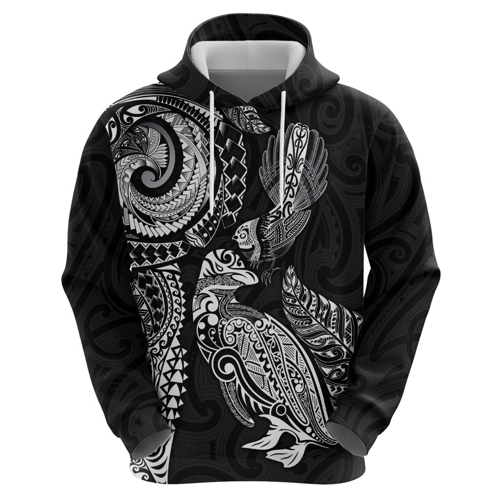 Aotearoa Moko Tribal Tattoo Zip Hoodie New Zealand Maori Penguin and Fantail Black Color