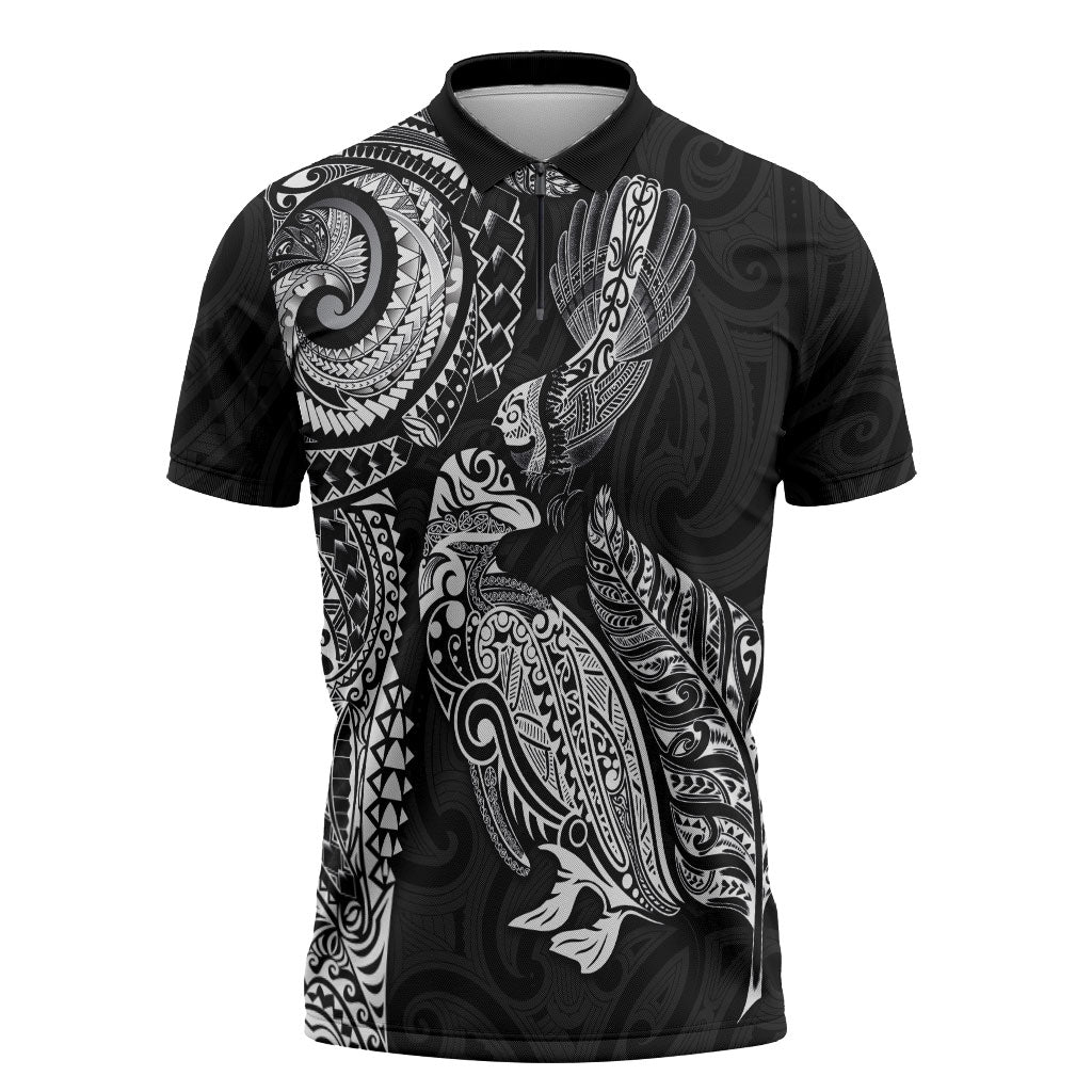 Aotearoa Moko Tribal Tattoo Zipper Polo Shirt New Zealand Maori Penguin and Fantail Black Color LT03 Black - Polynesian Pride