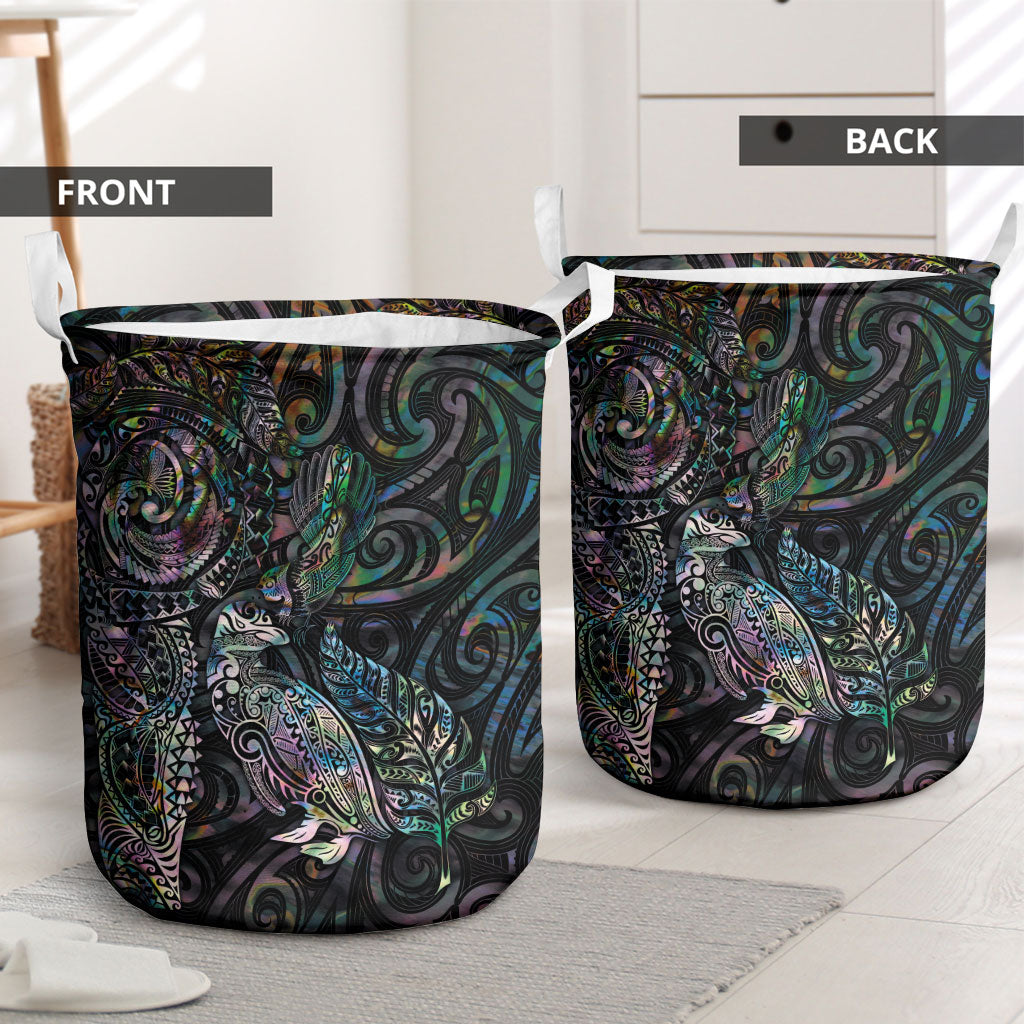 Aotearoa Moko Tribal Tattoo Laundry Basket New Zealand Maori Penguin and Fantail Paua Shell Style