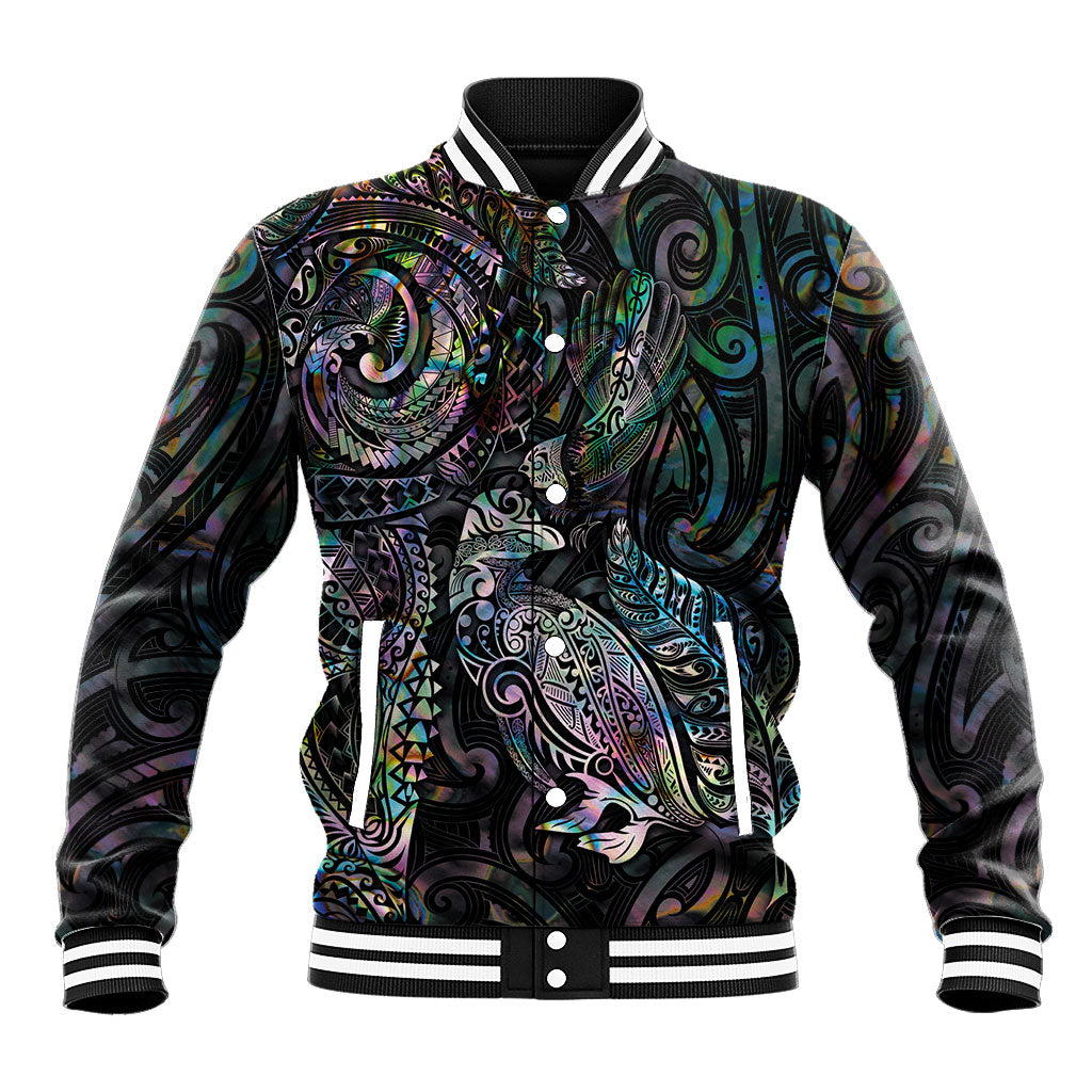 Aotearoa Moko Tribal Tattoo Baseball Jacket New Zealand Maori Penguin and Fantail Paua Shell Style LT03 Unisex Multicolor - Polynesian Pride