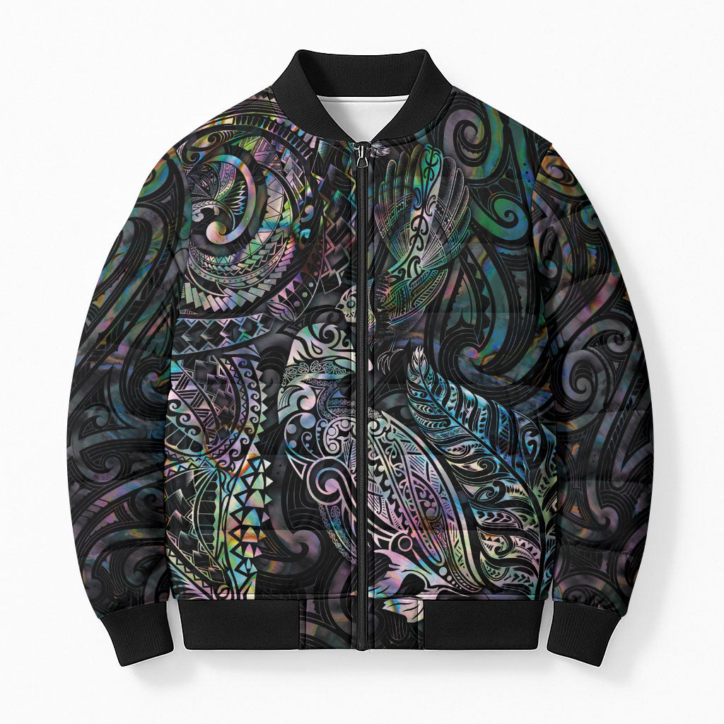 Aotearoa Moko Tribal Tattoo Bomber Puffer Jacket New Zealand Maori Penguin and Fantail Paua Shell Style LT03 Unisex Multicolor - Polynesian Pride