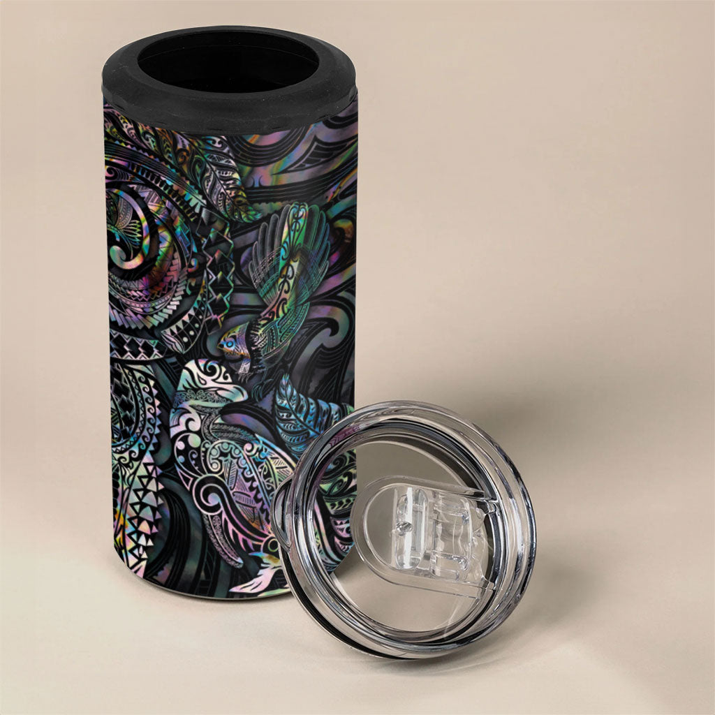 Aotearoa Moko Tribal Tattoo 4 in 1 Can Cooler Tumbler New Zealand Maori Penguin and Fantail Paua Shell Style