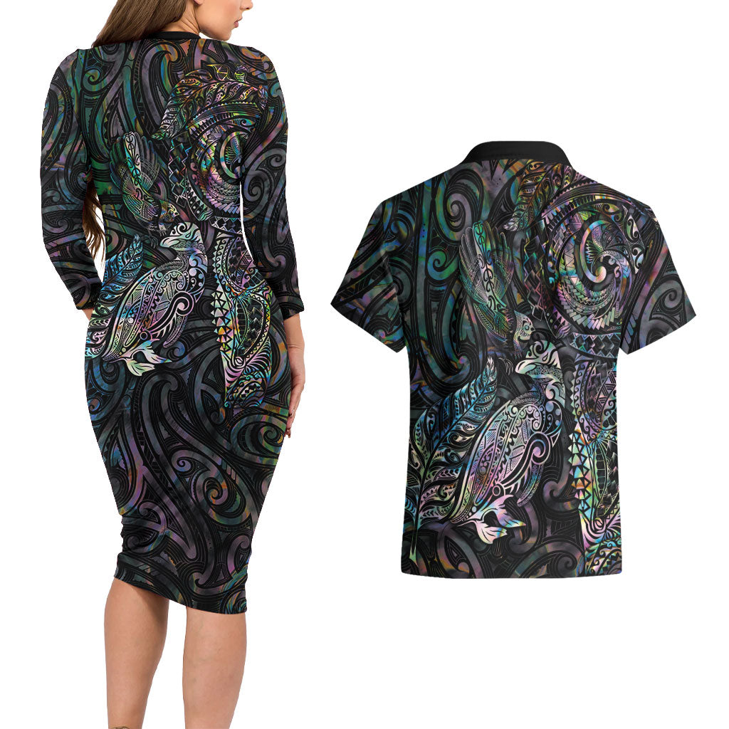 Aotearoa Moko Tribal Tattoo Couples Matching Long Sleeve Bodycon Dress and Hawaiian Shirt New Zealand Maori Penguin and Fantail Paua Shell Style