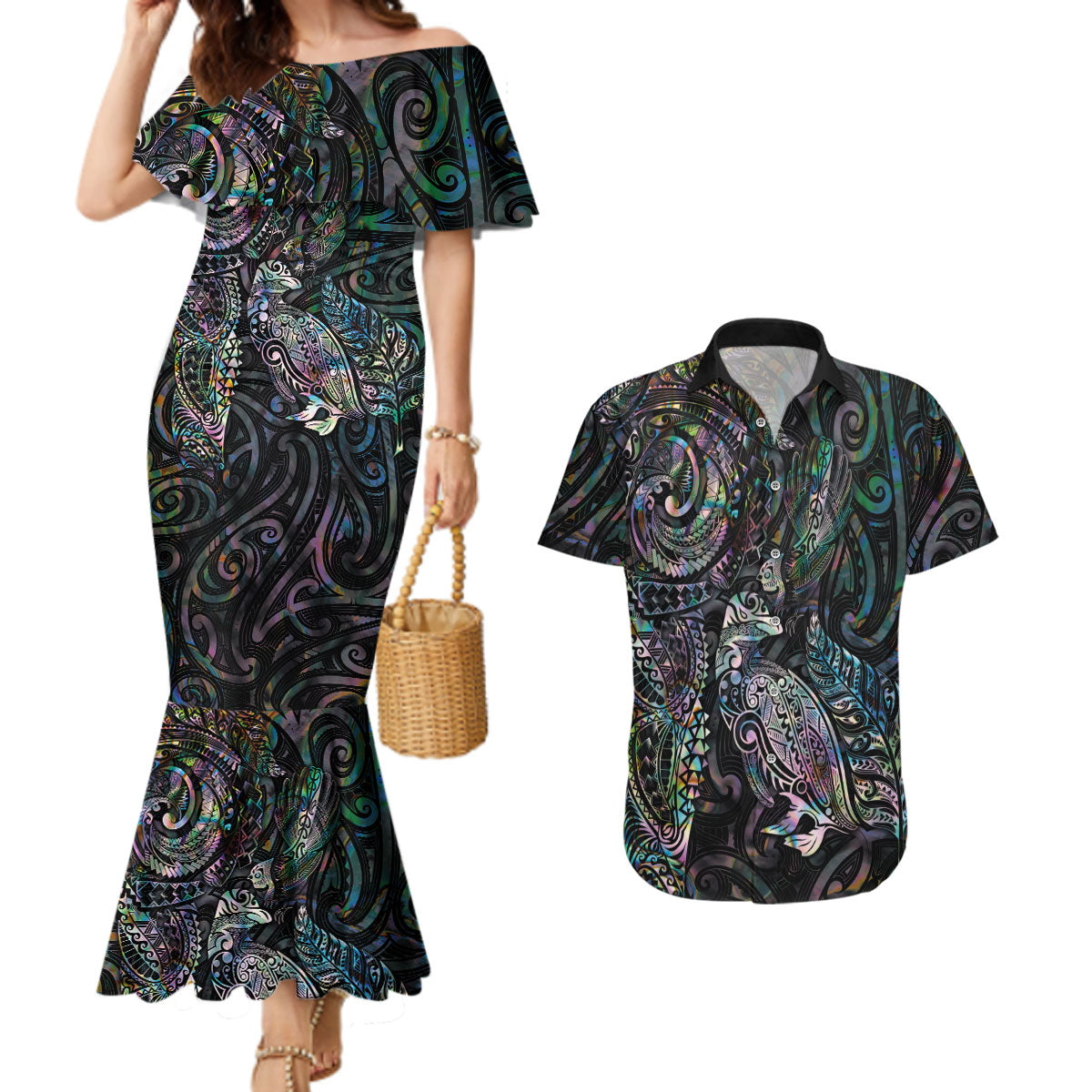 Aotearoa Moko Tribal Tattoo Couples Matching Mermaid Dress and Hawaiian Shirt New Zealand Maori Penguin and Fantail Paua Shell Style LT03 Multicolor - Polynesian Pride
