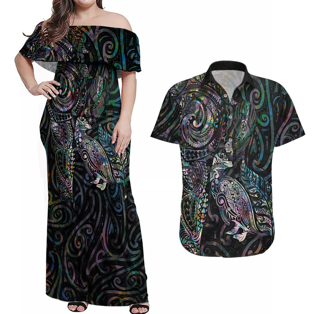 Aotearoa Moko Tribal Tattoo Couples Matching Off Shoulder Maxi Dress and Hawaiian Shirt New Zealand Maori Penguin and Fantail Paua Shell Style