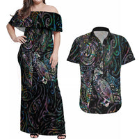 Aotearoa Moko Tribal Tattoo Couples Matching Off Shoulder Maxi Dress and Hawaiian Shirt New Zealand Maori Penguin and Fantail Paua Shell Style