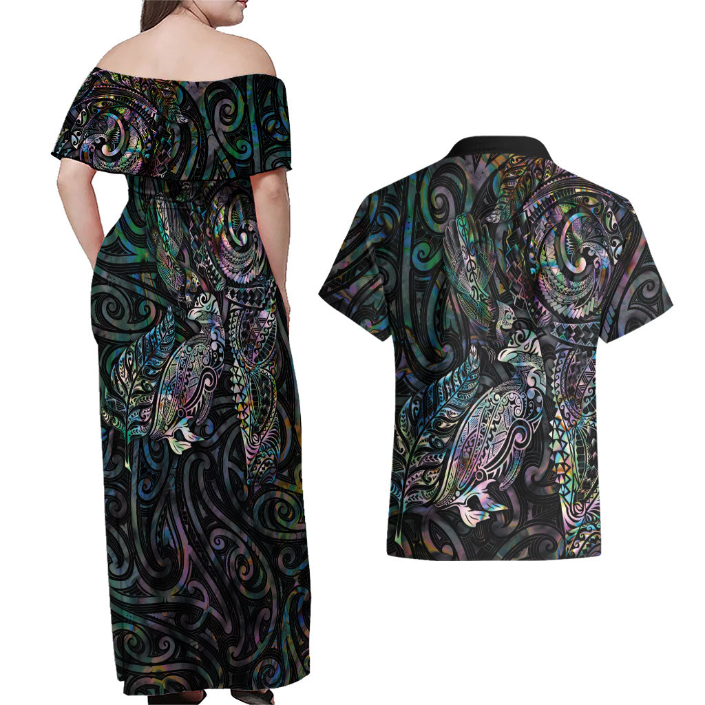 Aotearoa Moko Tribal Tattoo Couples Matching Off Shoulder Maxi Dress and Hawaiian Shirt New Zealand Maori Penguin and Fantail Paua Shell Style
