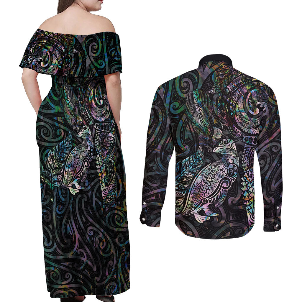 Aotearoa Moko Tribal Tattoo Couples Matching Off Shoulder Maxi Dress and Long Sleeve Button Shirt New Zealand Maori Penguin and Fantail Paua Shell Style
