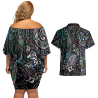 Aotearoa Moko Tribal Tattoo Couples Matching Off Shoulder Short Dress and Hawaiian Shirt New Zealand Maori Penguin and Fantail Paua Shell Style