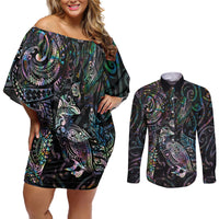 Aotearoa Moko Tribal Tattoo Couples Matching Off Shoulder Short Dress and Long Sleeve Button Shirt New Zealand Maori Penguin and Fantail Paua Shell Style