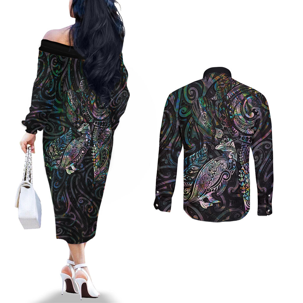 Aotearoa Moko Tribal Tattoo Couples Matching Off The Shoulder Long Sleeve Dress and Long Sleeve Button Shirt New Zealand Maori Penguin and Fantail Paua Shell Style
