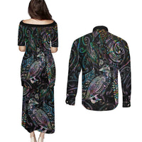Aotearoa Moko Tribal Tattoo Couples Matching Puletasi and Long Sleeve Button Shirt New Zealand Maori Penguin and Fantail Paua Shell Style