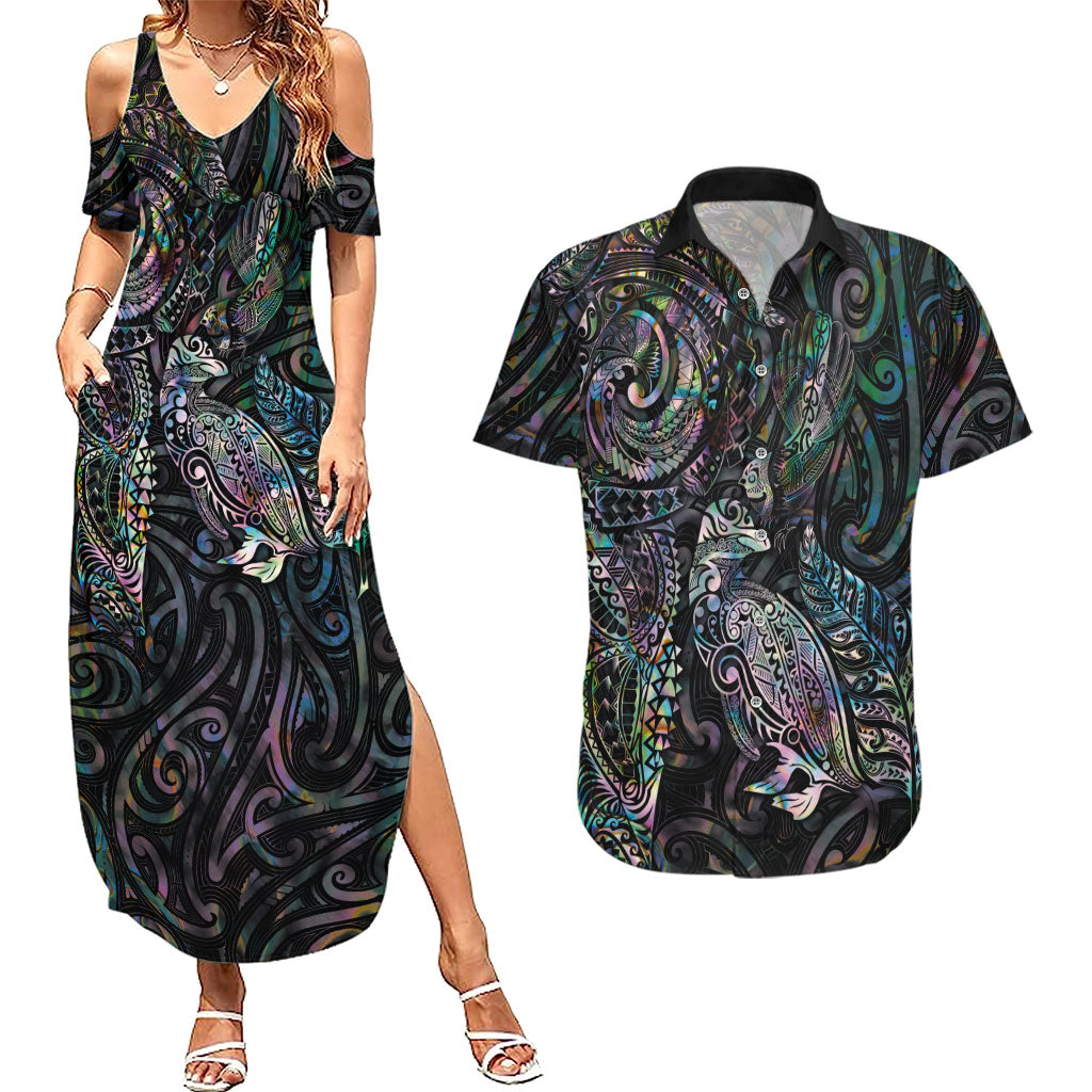 Aotearoa Moko Tribal Tattoo Couples Matching Summer Maxi Dress and Hawaiian Shirt New Zealand Maori Penguin and Fantail Paua Shell Style