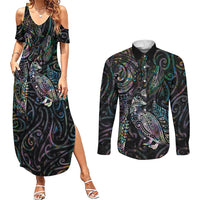 Aotearoa Moko Tribal Tattoo Couples Matching Summer Maxi Dress and Long Sleeve Button Shirt New Zealand Maori Penguin and Fantail Paua Shell Style