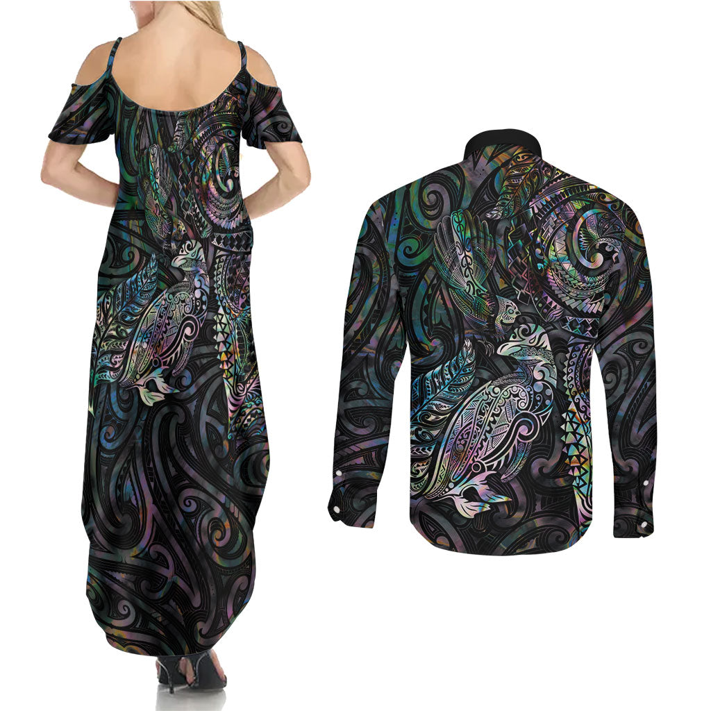 Aotearoa Moko Tribal Tattoo Couples Matching Summer Maxi Dress and Long Sleeve Button Shirt New Zealand Maori Penguin and Fantail Paua Shell Style