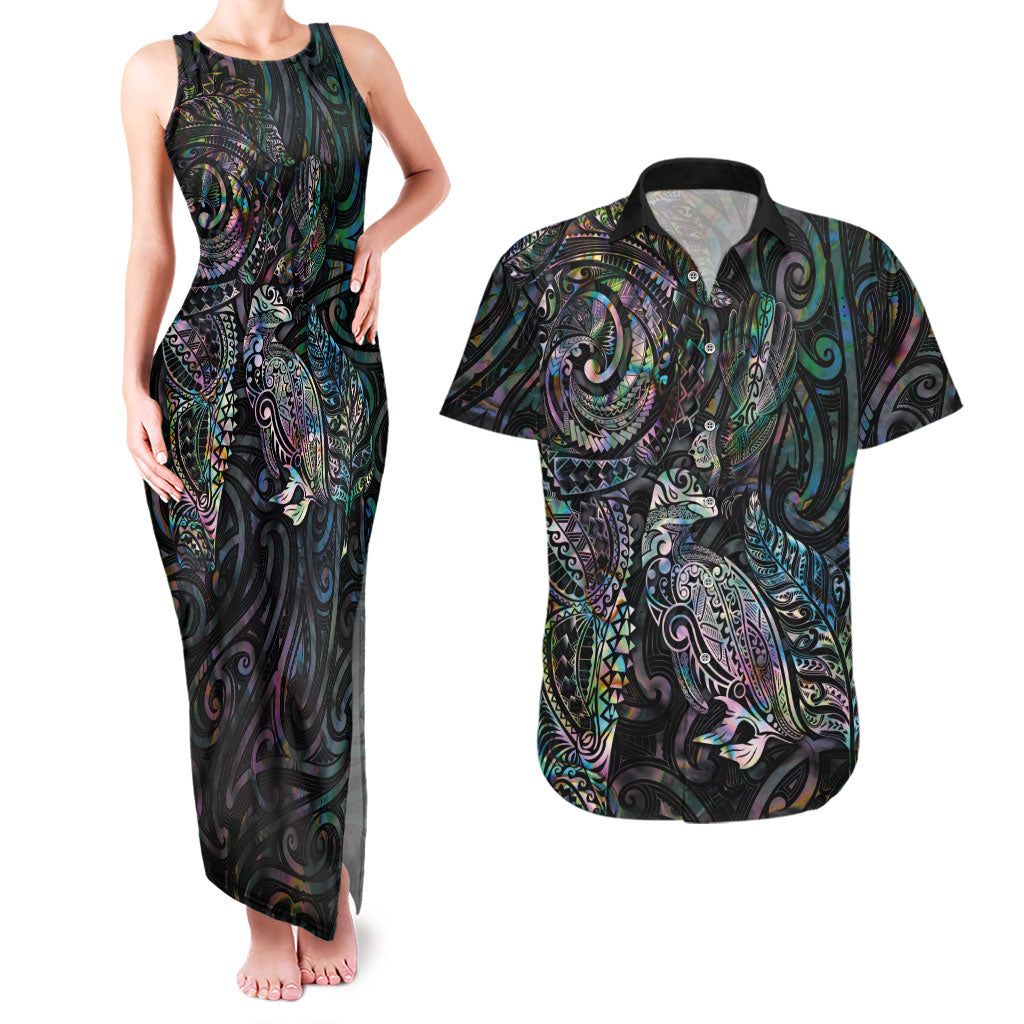 Aotearoa Moko Tribal Tattoo Couples Matching Tank Maxi Dress and Hawaiian Shirt New Zealand Maori Penguin and Fantail Paua Shell Style