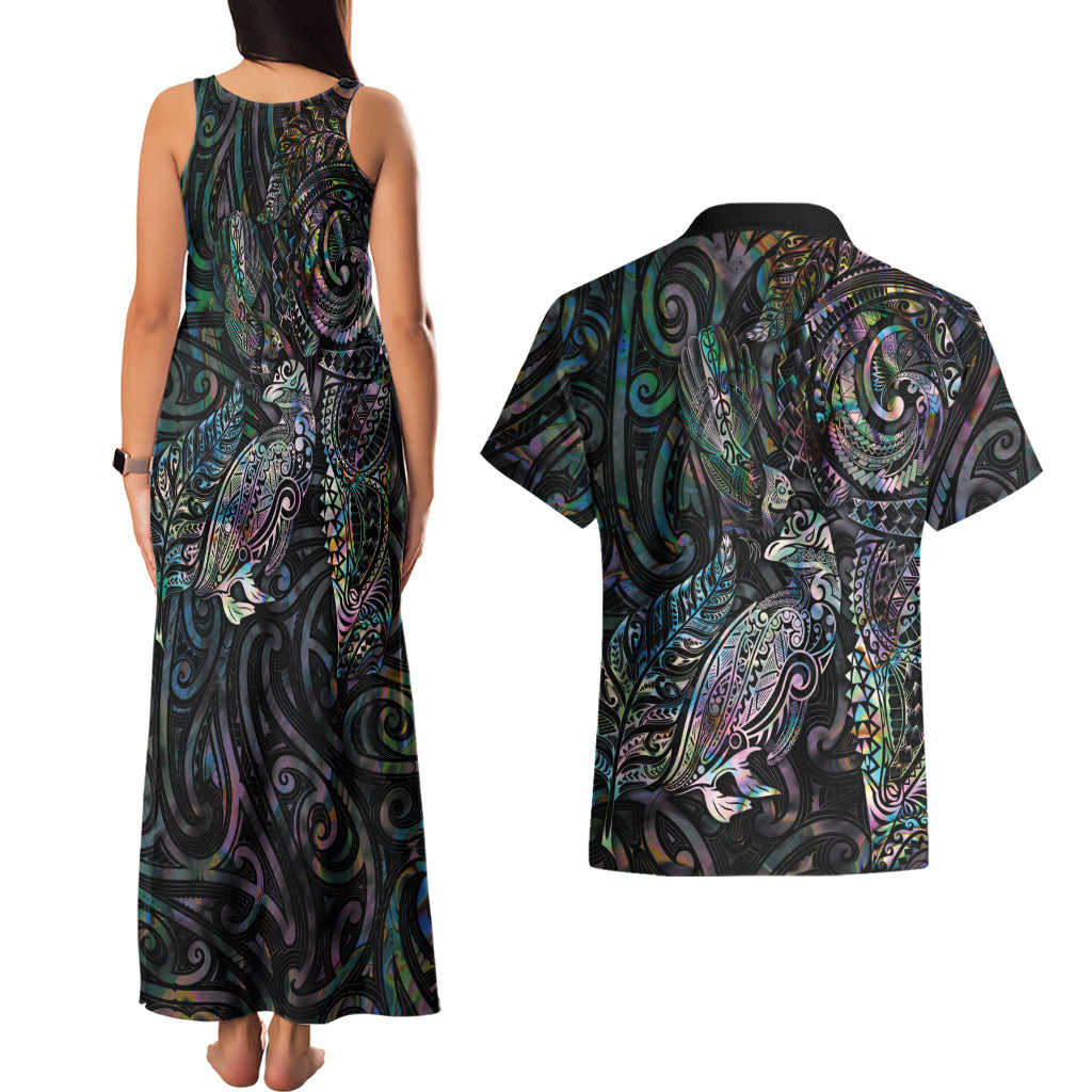 Aotearoa Moko Tribal Tattoo Couples Matching Tank Maxi Dress and Hawaiian Shirt New Zealand Maori Penguin and Fantail Paua Shell Style