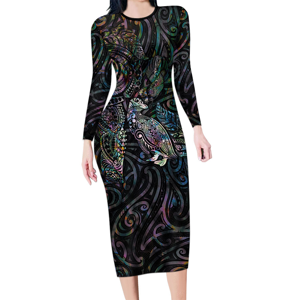 Aotearoa Moko Tribal Tattoo Family Matching Long Sleeve Bodycon Dress and Hawaiian Shirt New Zealand Maori Penguin and Fantail Paua Shell Style