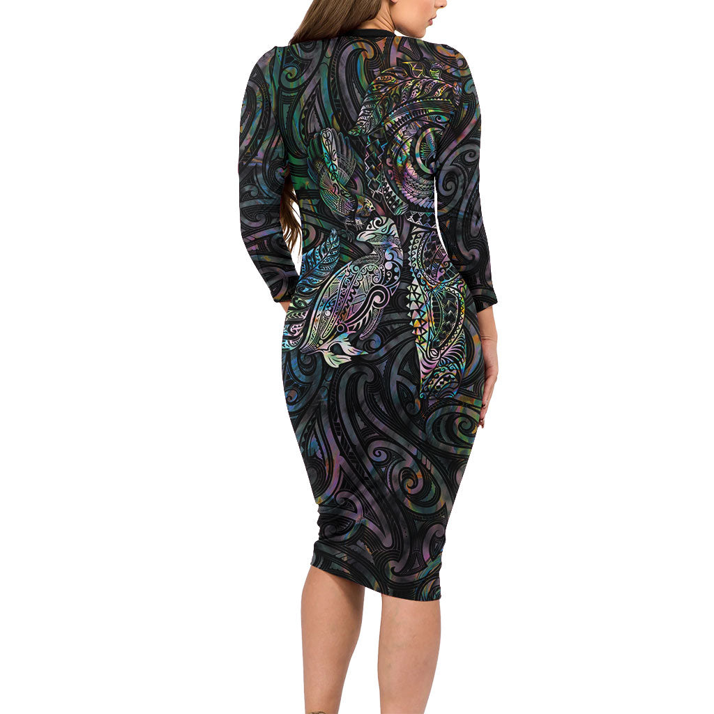Aotearoa Moko Tribal Tattoo Family Matching Long Sleeve Bodycon Dress and Hawaiian Shirt New Zealand Maori Penguin and Fantail Paua Shell Style