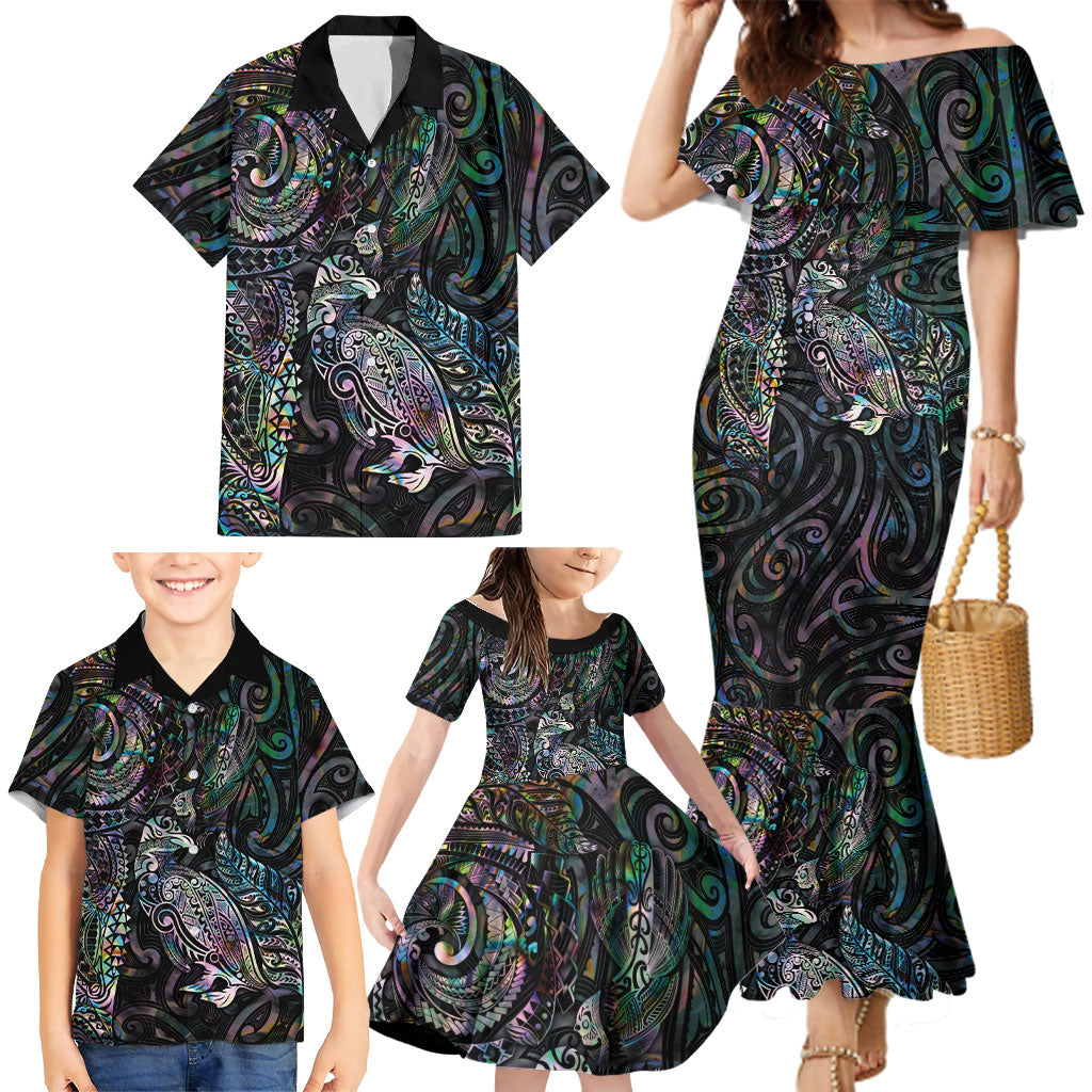 Aotearoa Moko Tribal Tattoo Family Matching Mermaid Dress and Hawaiian Shirt New Zealand Maori Penguin and Fantail Paua Shell Style LT03 - Polynesian Pride