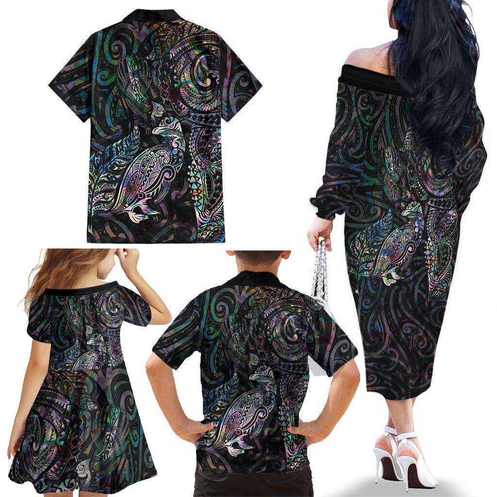 Aotearoa Moko Tribal Tattoo Family Matching Off The Shoulder Long Sleeve Dress and Hawaiian Shirt New Zealand Maori Penguin and Fantail Paua Shell Style