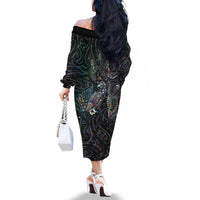 Aotearoa Moko Tribal Tattoo Family Matching Off The Shoulder Long Sleeve Dress and Hawaiian Shirt New Zealand Maori Penguin and Fantail Paua Shell Style