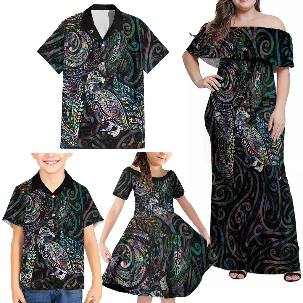 Aotearoa Moko Tribal Tattoo Family Matching Off Shoulder Maxi Dress and Hawaiian Shirt New Zealand Maori Penguin and Fantail Paua Shell Style LT03 - Polynesian Pride