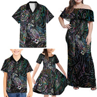 Aotearoa Moko Tribal Tattoo Family Matching Off Shoulder Maxi Dress and Hawaiian Shirt New Zealand Maori Penguin and Fantail Paua Shell Style
