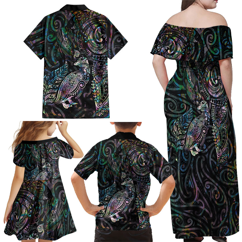 Aotearoa Moko Tribal Tattoo Family Matching Off Shoulder Maxi Dress and Hawaiian Shirt New Zealand Maori Penguin and Fantail Paua Shell Style
