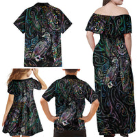 Aotearoa Moko Tribal Tattoo Family Matching Off Shoulder Maxi Dress and Hawaiian Shirt New Zealand Maori Penguin and Fantail Paua Shell Style