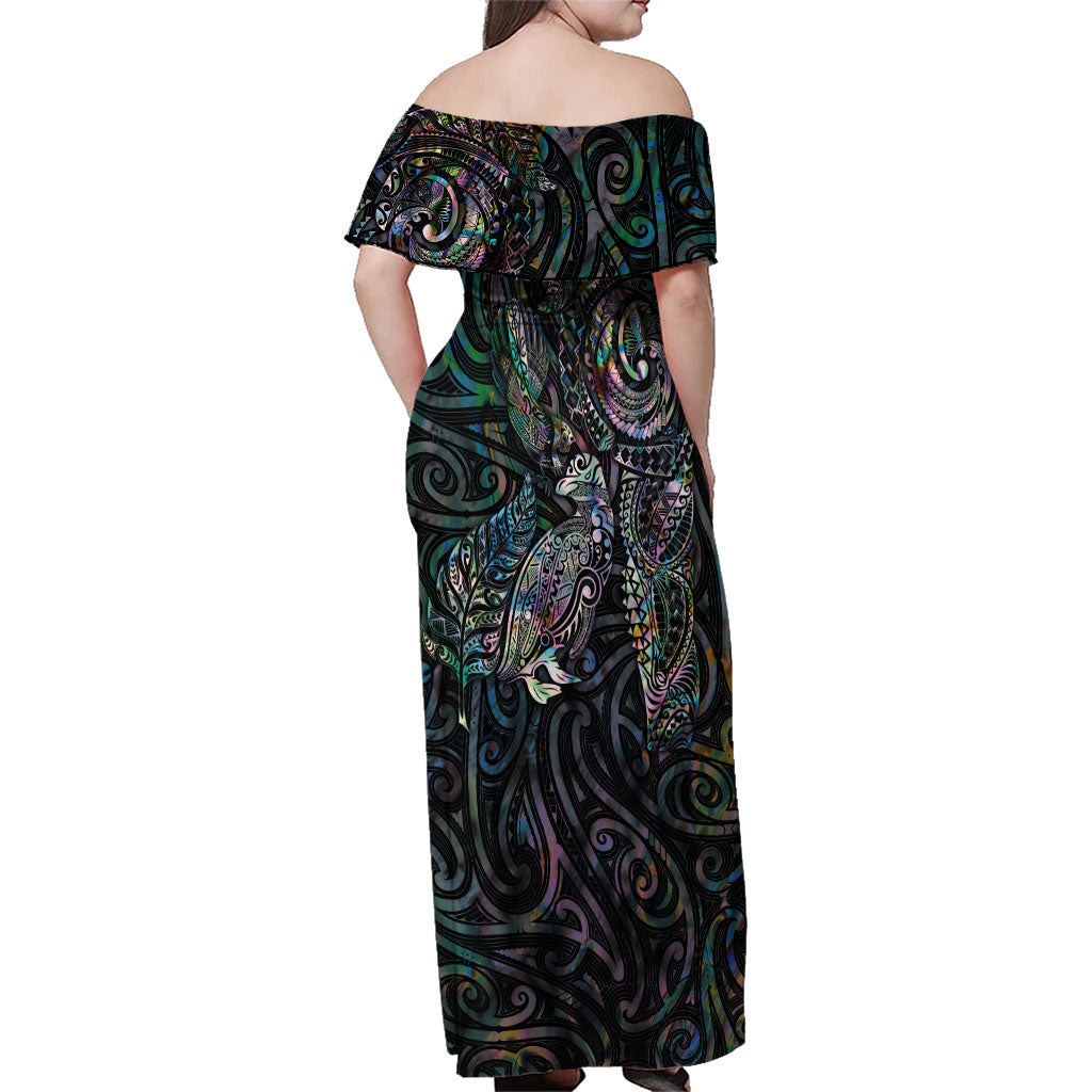 Aotearoa Moko Tribal Tattoo Family Matching Off Shoulder Maxi Dress and Hawaiian Shirt New Zealand Maori Penguin and Fantail Paua Shell Style