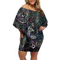 Aotearoa Moko Tribal Tattoo Family Matching Off Shoulder Short Dress and Hawaiian Shirt New Zealand Maori Penguin and Fantail Paua Shell Style