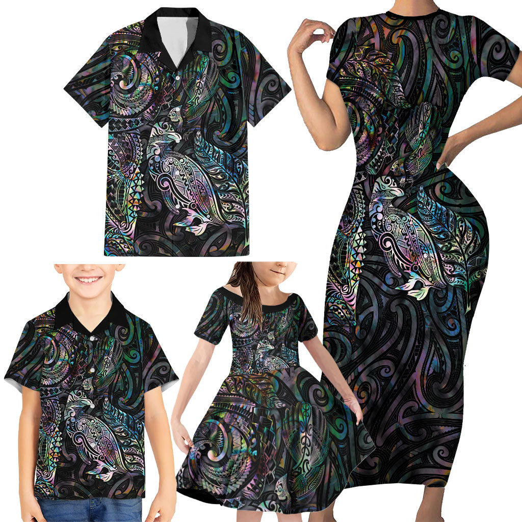 Aotearoa Moko Tribal Tattoo Family Matching Short Sleeve Bodycon Dress and Hawaiian Shirt New Zealand Maori Penguin and Fantail Paua Shell Style
