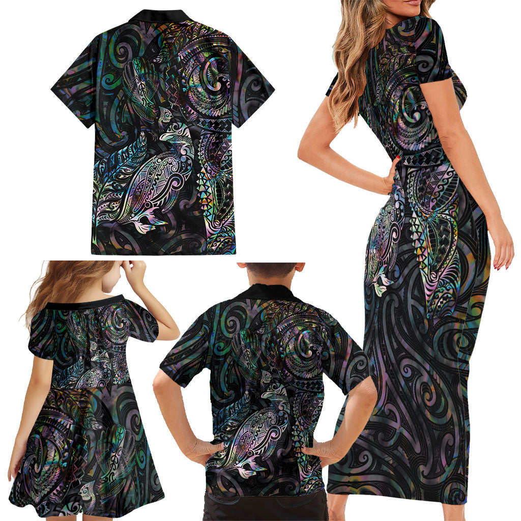 Aotearoa Moko Tribal Tattoo Family Matching Short Sleeve Bodycon Dress and Hawaiian Shirt New Zealand Maori Penguin and Fantail Paua Shell Style
