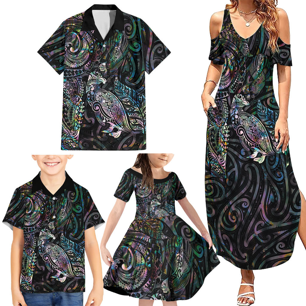 Aotearoa Moko Tribal Tattoo Family Matching Summer Maxi Dress and Hawaiian Shirt New Zealand Maori Penguin and Fantail Paua Shell Style