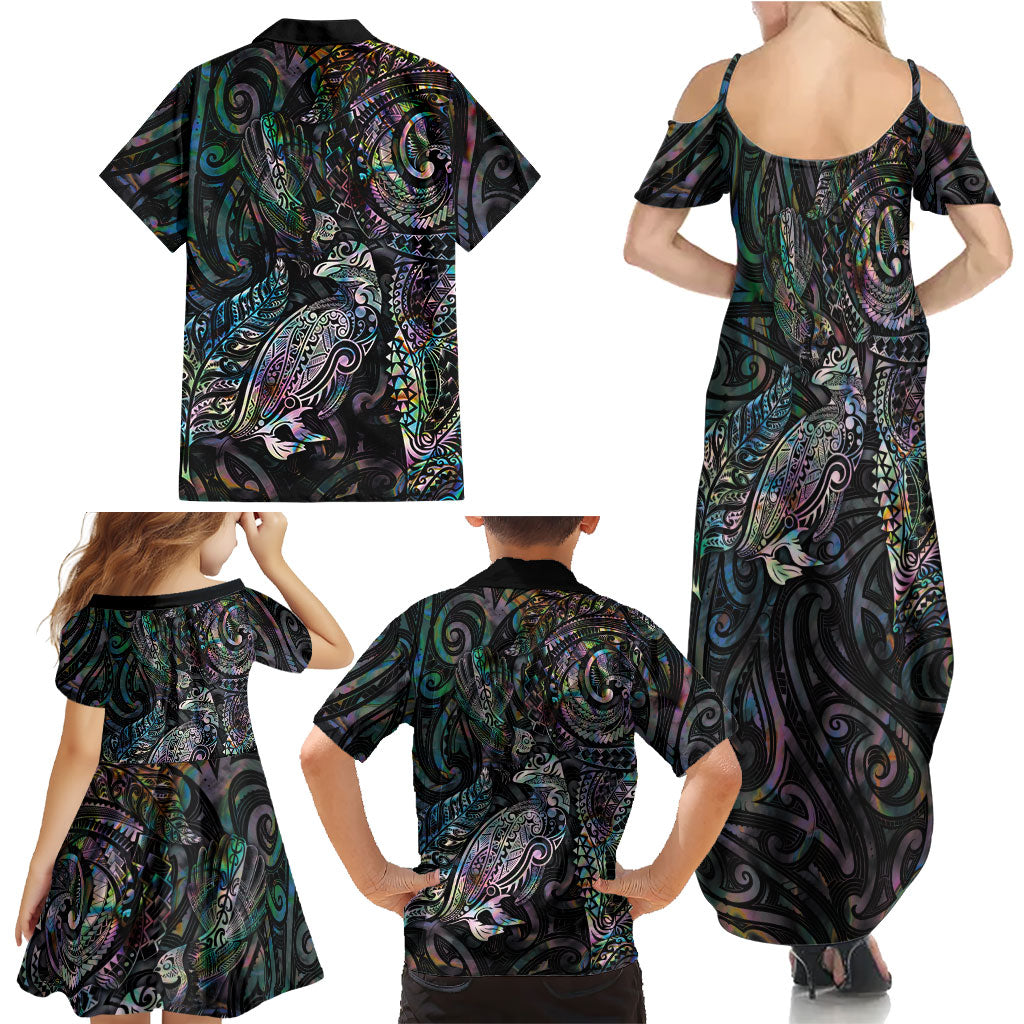 Aotearoa Moko Tribal Tattoo Family Matching Summer Maxi Dress and Hawaiian Shirt New Zealand Maori Penguin and Fantail Paua Shell Style