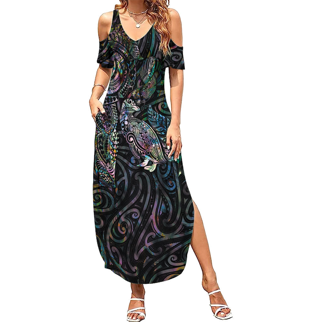 Aotearoa Moko Tribal Tattoo Family Matching Summer Maxi Dress and Hawaiian Shirt New Zealand Maori Penguin and Fantail Paua Shell Style