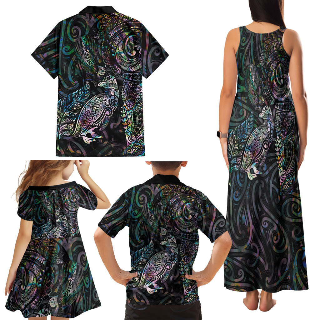 Aotearoa Moko Tribal Tattoo Family Matching Tank Maxi Dress and Hawaiian Shirt New Zealand Maori Penguin and Fantail Paua Shell Style
