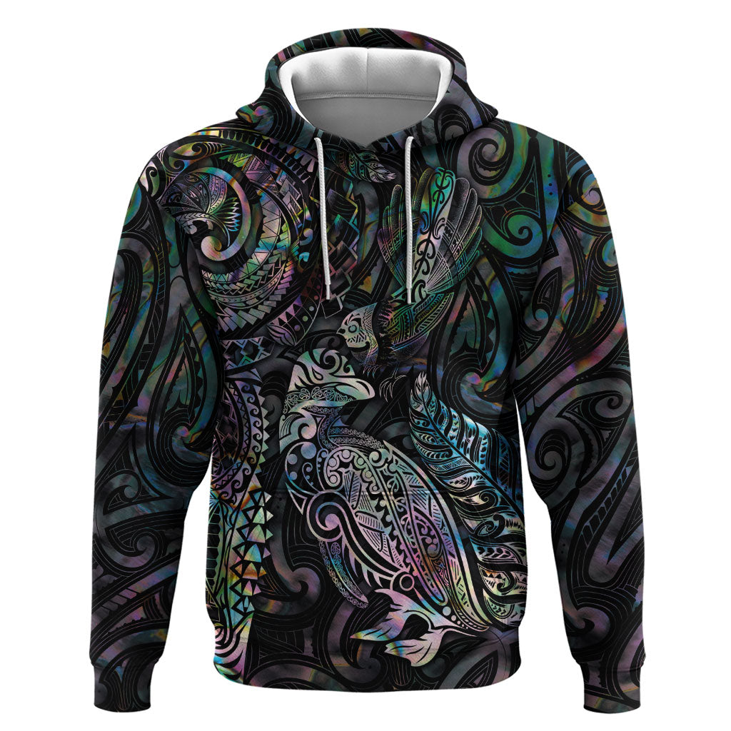 Aotearoa Moko Tribal Tattoo Hoodie New Zealand Maori Penguin and Fantail Paua Shell Style