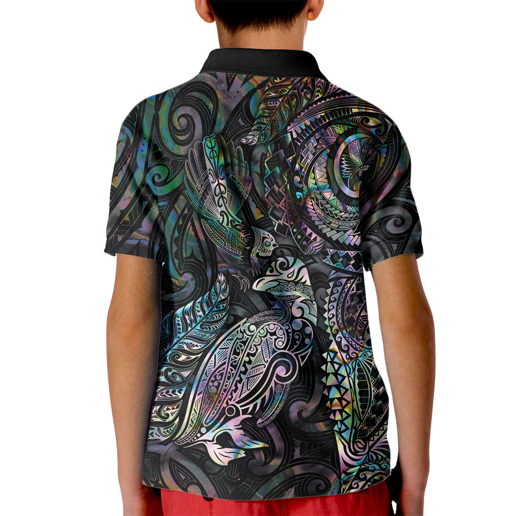 Aotearoa Moko Tribal Tattoo Kid Polo Shirt New Zealand Maori Penguin and Fantail Paua Shell Style