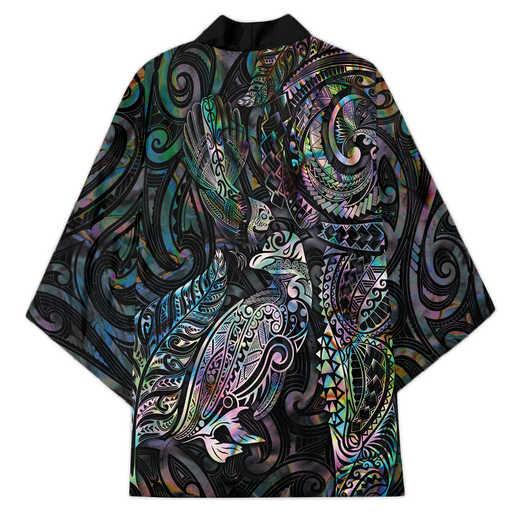 Aotearoa Moko Tribal Tattoo Kimono New Zealand Maori Penguin and Fantail Paua Shell Style