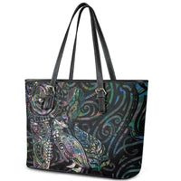 Aotearoa Moko Tribal Tattoo Leather Tote Bag New Zealand Maori Penguin and Fantail Paua Shell Style