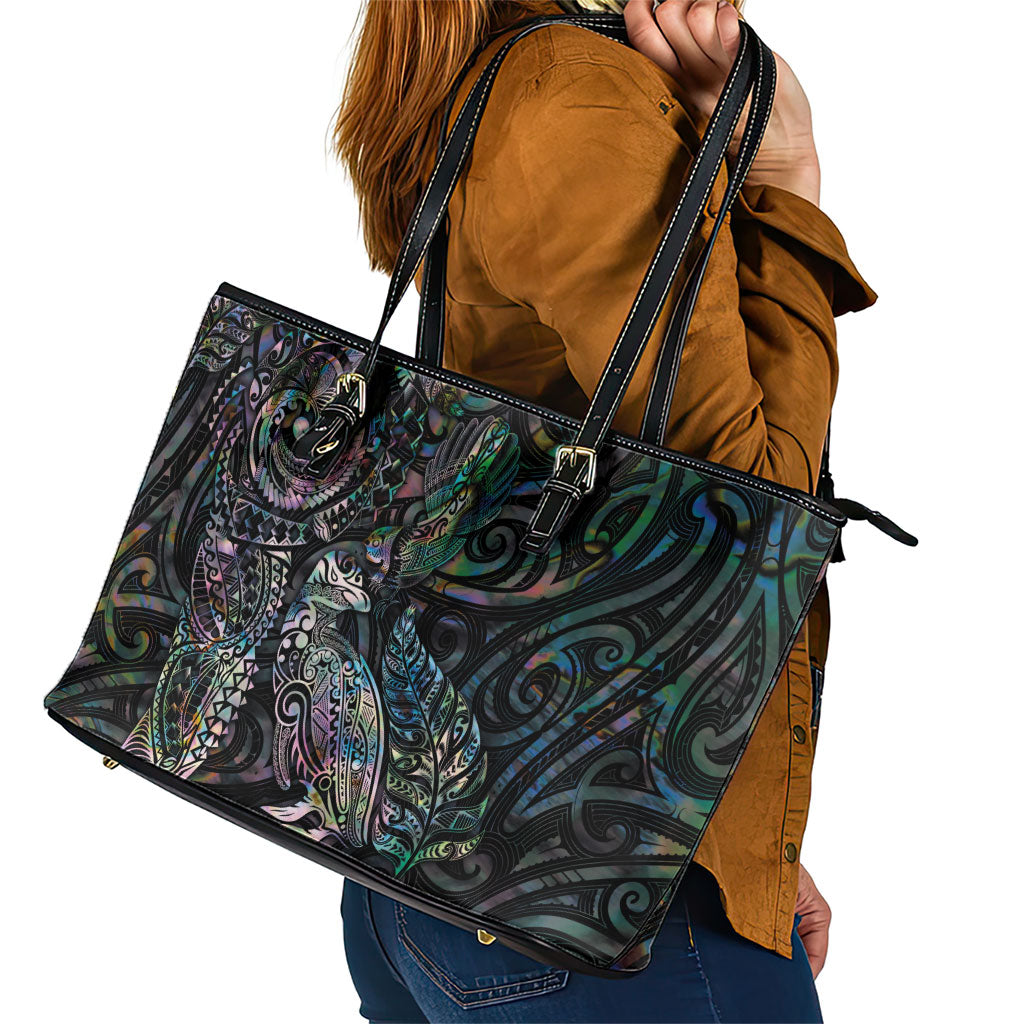 Aotearoa Moko Tribal Tattoo Leather Tote Bag New Zealand Maori Penguin and Fantail Paua Shell Style