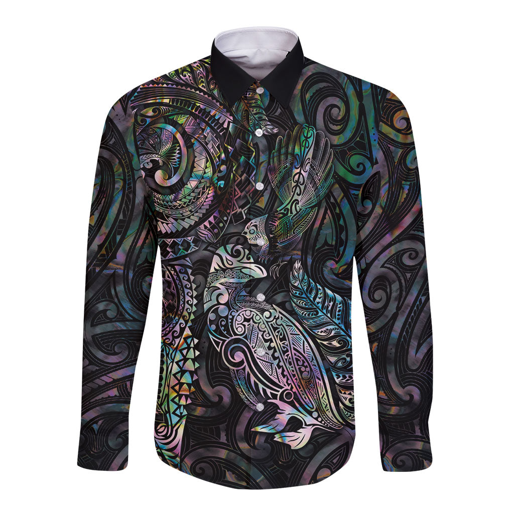 Aotearoa Moko Tribal Tattoo Long Sleeve Button Shirt New Zealand Maori Penguin and Fantail Paua Shell Style