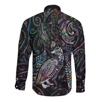 Aotearoa Moko Tribal Tattoo Long Sleeve Button Shirt New Zealand Maori Penguin and Fantail Paua Shell Style