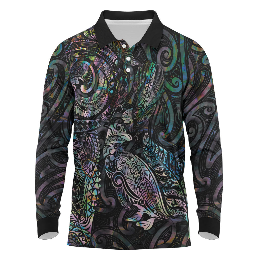 Aotearoa Moko Tribal Tattoo Long Sleeve Polo Shirt New Zealand Maori Penguin and Fantail Paua Shell Style
