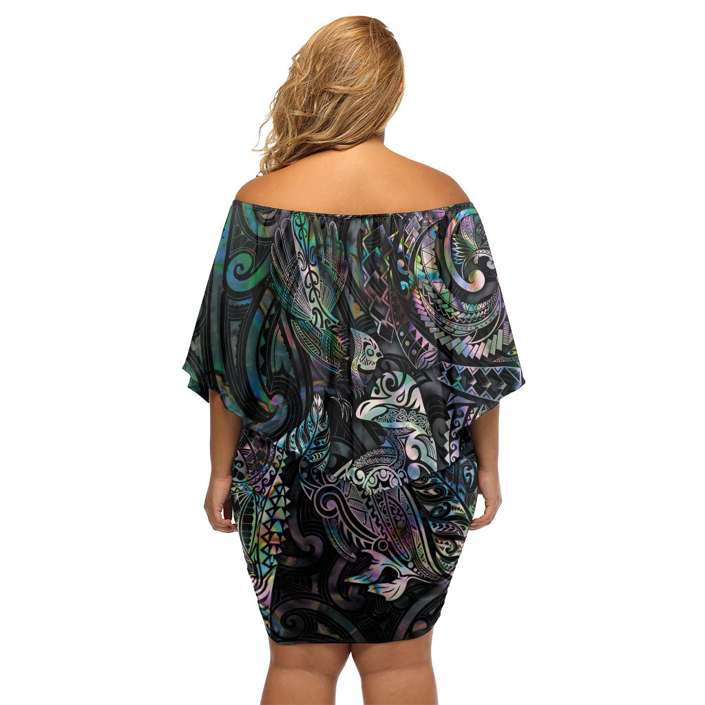 Aotearoa Moko Tribal Tattoo Off Shoulder Short Dress New Zealand Maori Penguin and Fantail Paua Shell Style