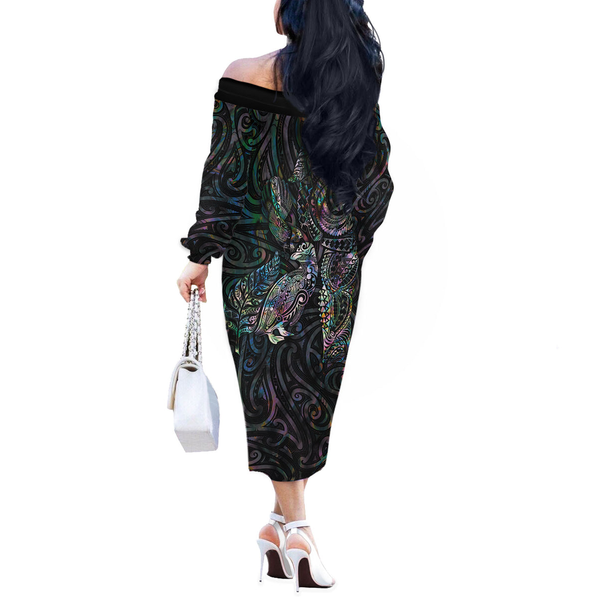 Aotearoa Moko Tribal Tattoo Off The Shoulder Long Sleeve Dress New Zealand Maori Penguin and Fantail Paua Shell Style