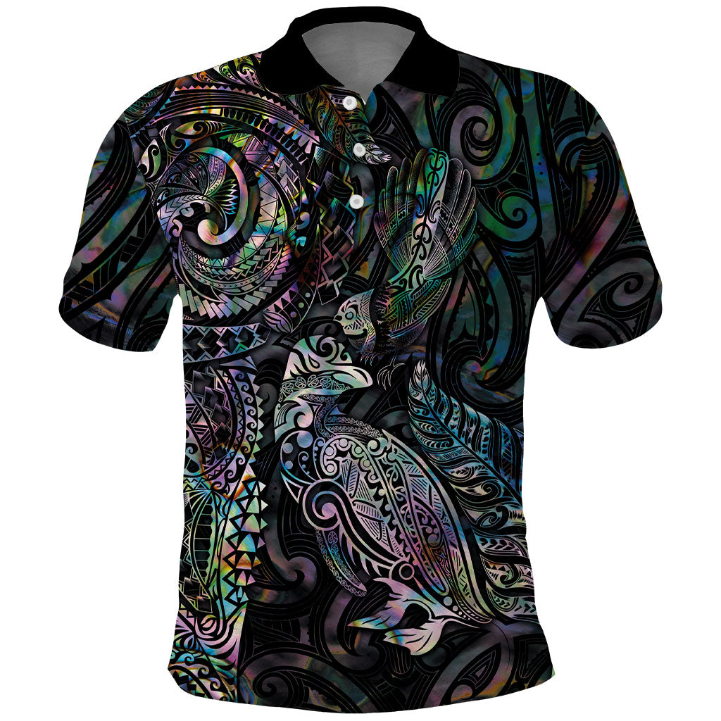 Aotearoa Moko Tribal Tattoo Polo Shirt New Zealand Maori Penguin and Fantail Paua Shell Style